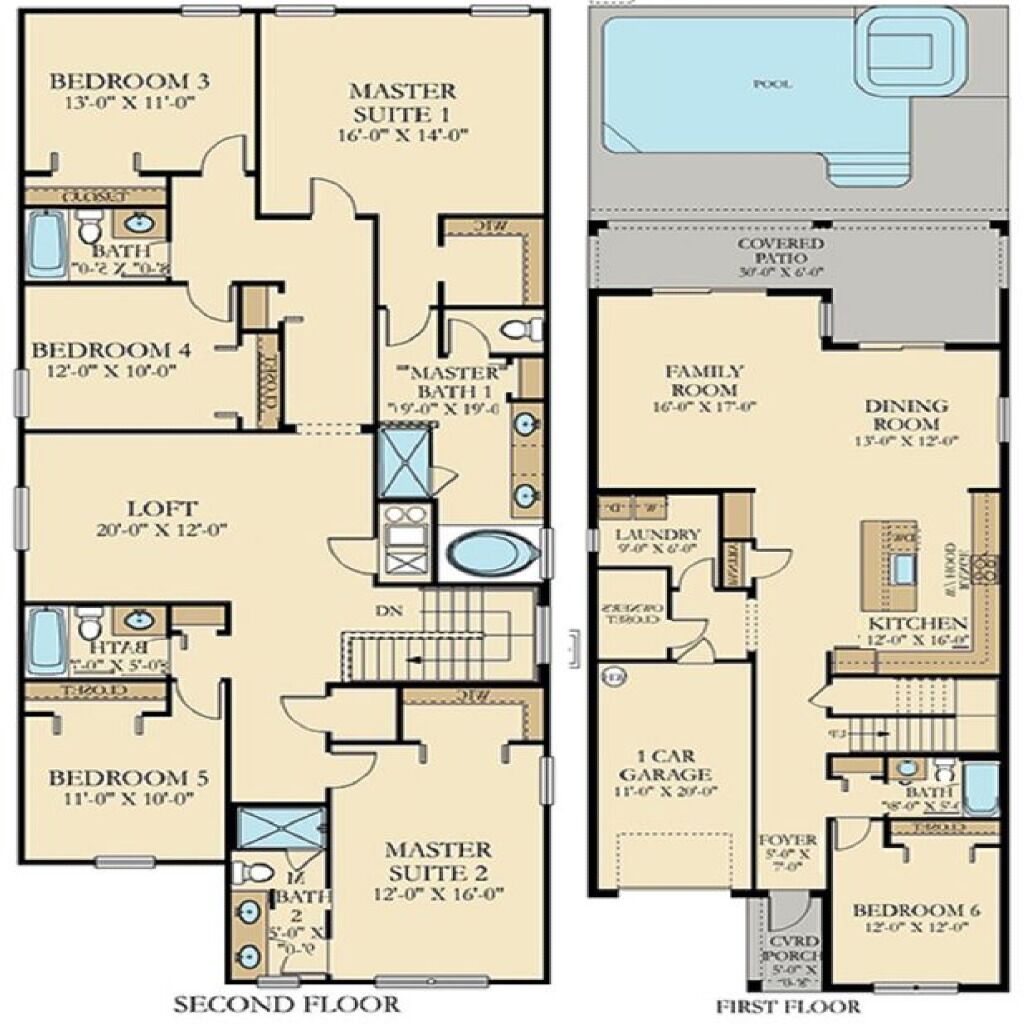 A two-story apartment layout with a master suite, two bedrooms, a loft, a family room, a dining room, a kitchen, a laundry area, and a covered patio.