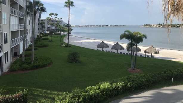 Un hotel frente a la playa con piscina, palmeras y vistas al océano.