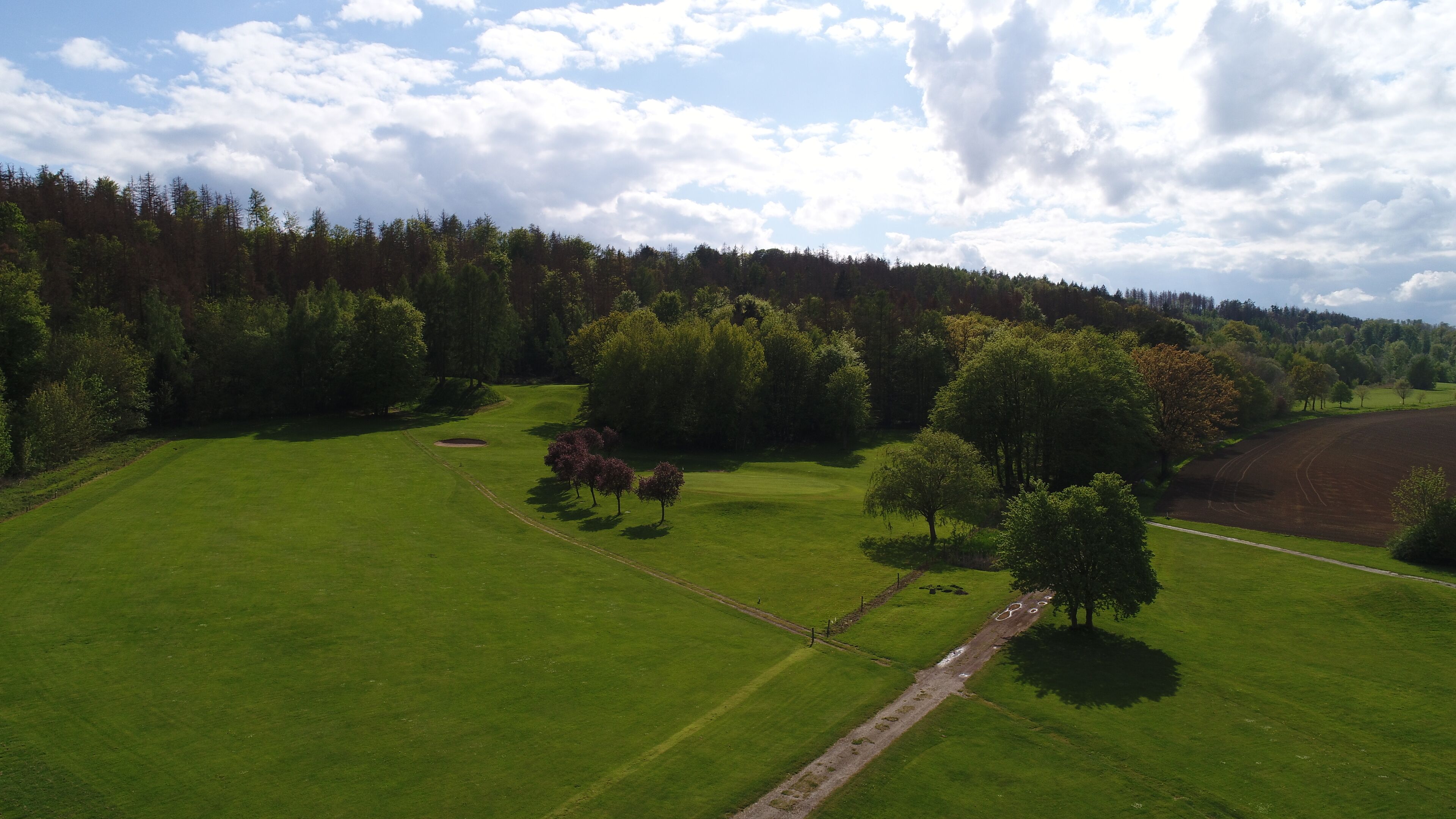 A golf course with a clear path, surrounded by dense forest and open grassy areas.