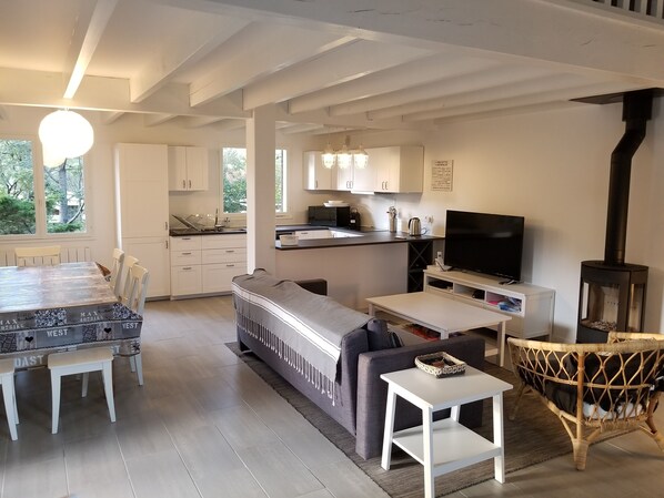 Fernseher, Kamin, DVD-Player, Bücher