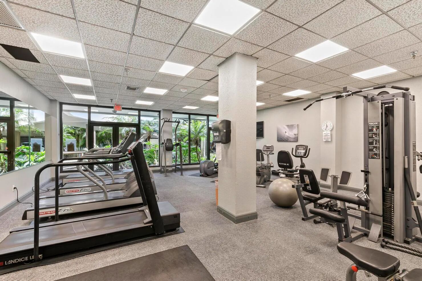 A gym with treadmills, exercise balls, and weight machines.