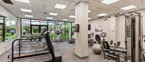 A gym with treadmills, exercise balls, and weight machines.