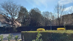 A residential area with a well-maintained hedge, a road, and houses with sloped roofs. - Chambre Avec Douche Privée , Espace Cuisine (Deauville)