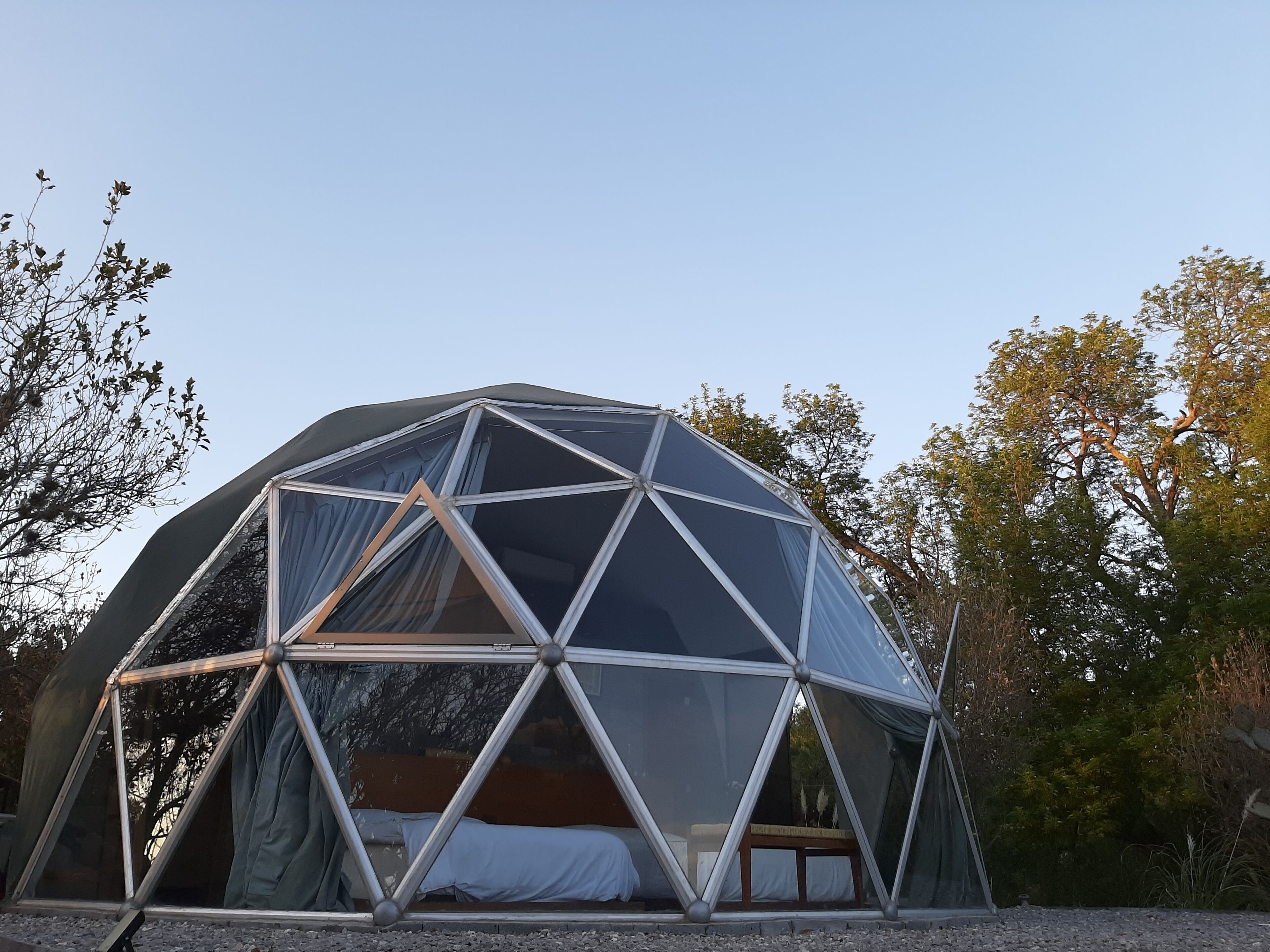 Una struttura a cupola geodetica con un letto e una zona salotto all'interno, circondata da alberi.