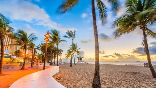 Une plage bordée de palmiers, une promenade et un poste de surveillance pour les sauveteurs.