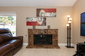 Smart TV, fireplace, DVD player, stereo