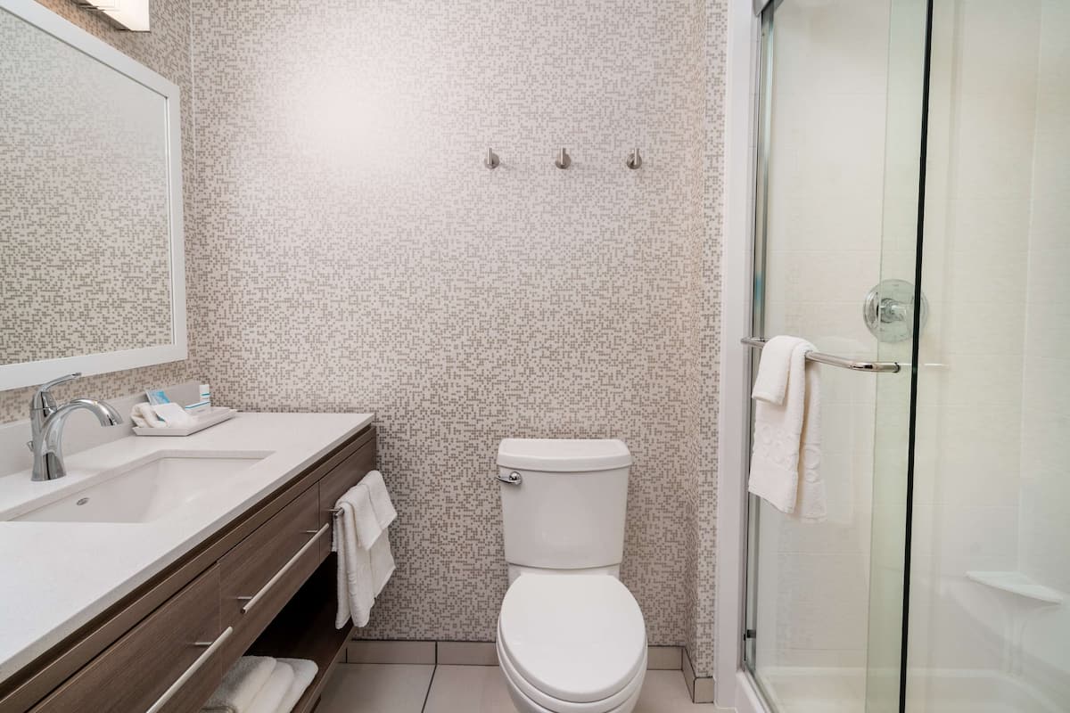 A modern bathroom with a white sink, mirror, and toilet, and a glass shower enclosure.