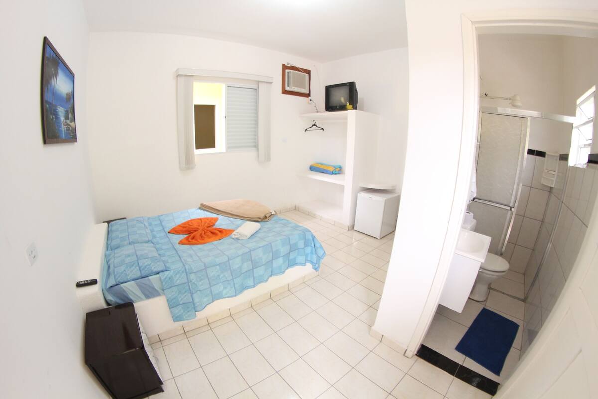 Une chambre avec un lit, une télévision, une salle de bain avec des toilettes et une douche, et un couloir.