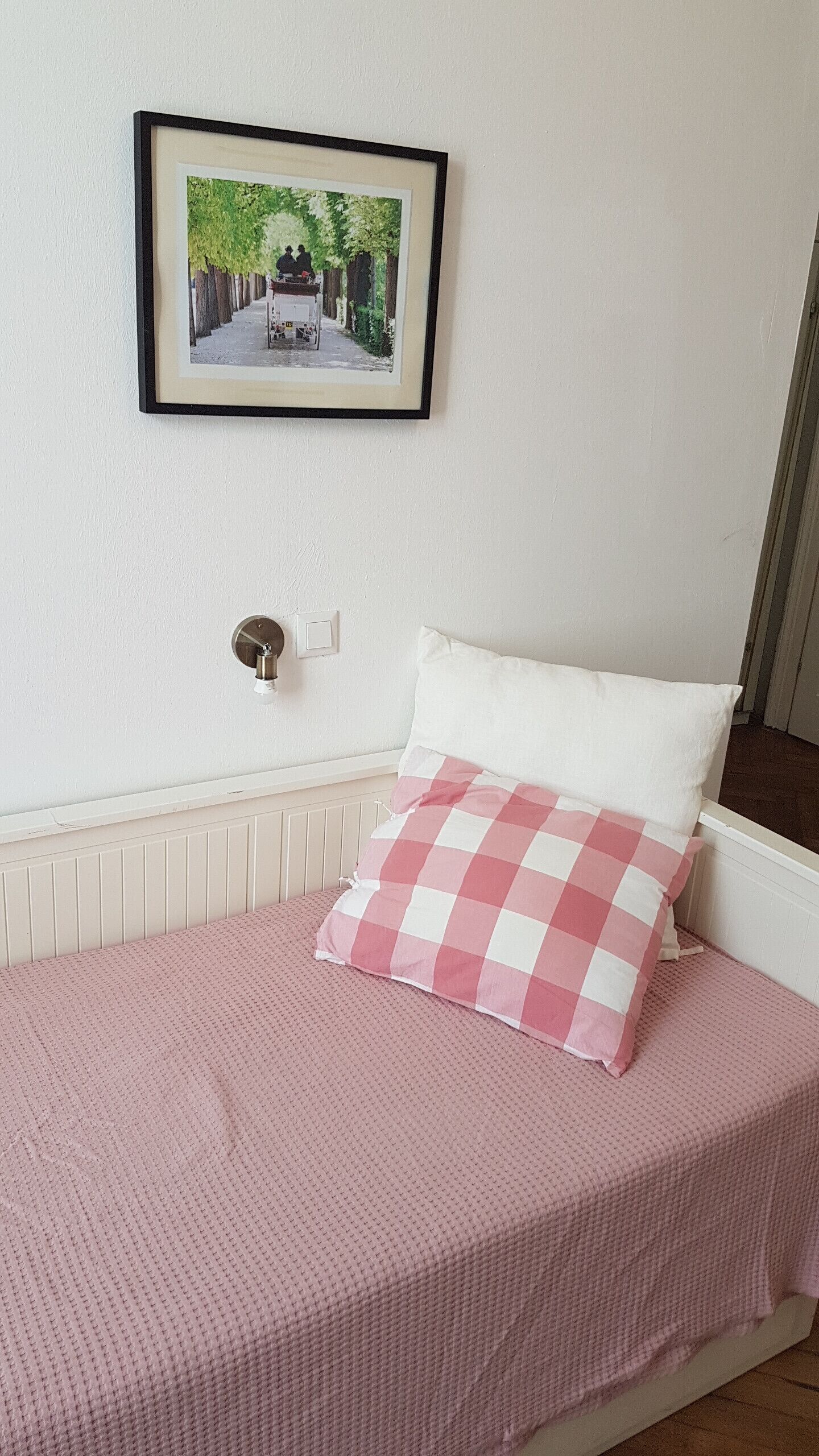 A bedroom with a bed, a checkered pillow, a framed picture on the wall, and a light switch.