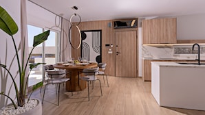A modern kitchen with wooden cabinets, a marble countertop, and a built-in oven. - Constantinos Villa, Sublime Island Εscape.Walking distance to the beach & shops (Panormos in Rethymno)