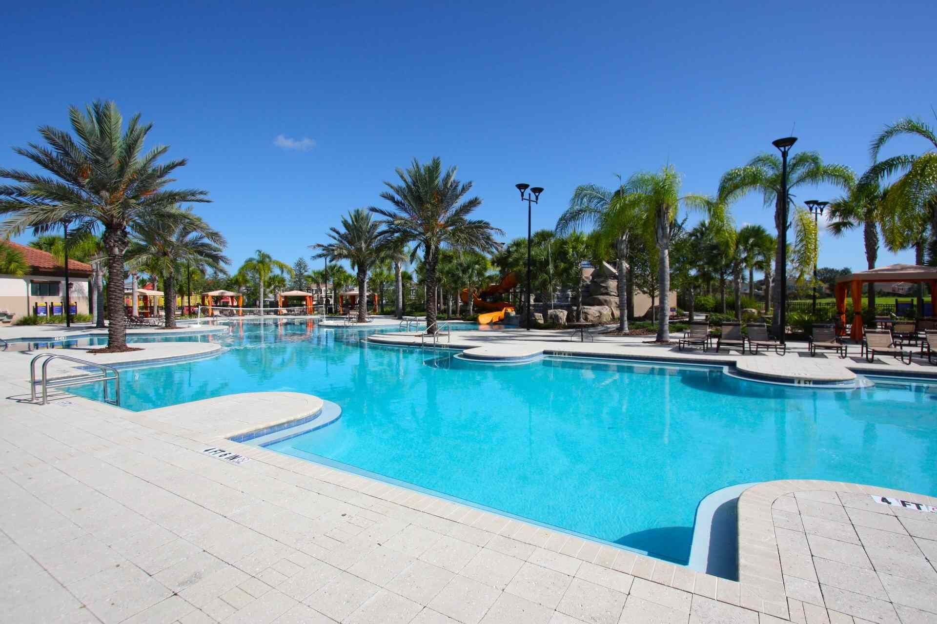 A large outdoor swimming pool surrounded by palm trees and lounge chairs, with a clear blue sky above.