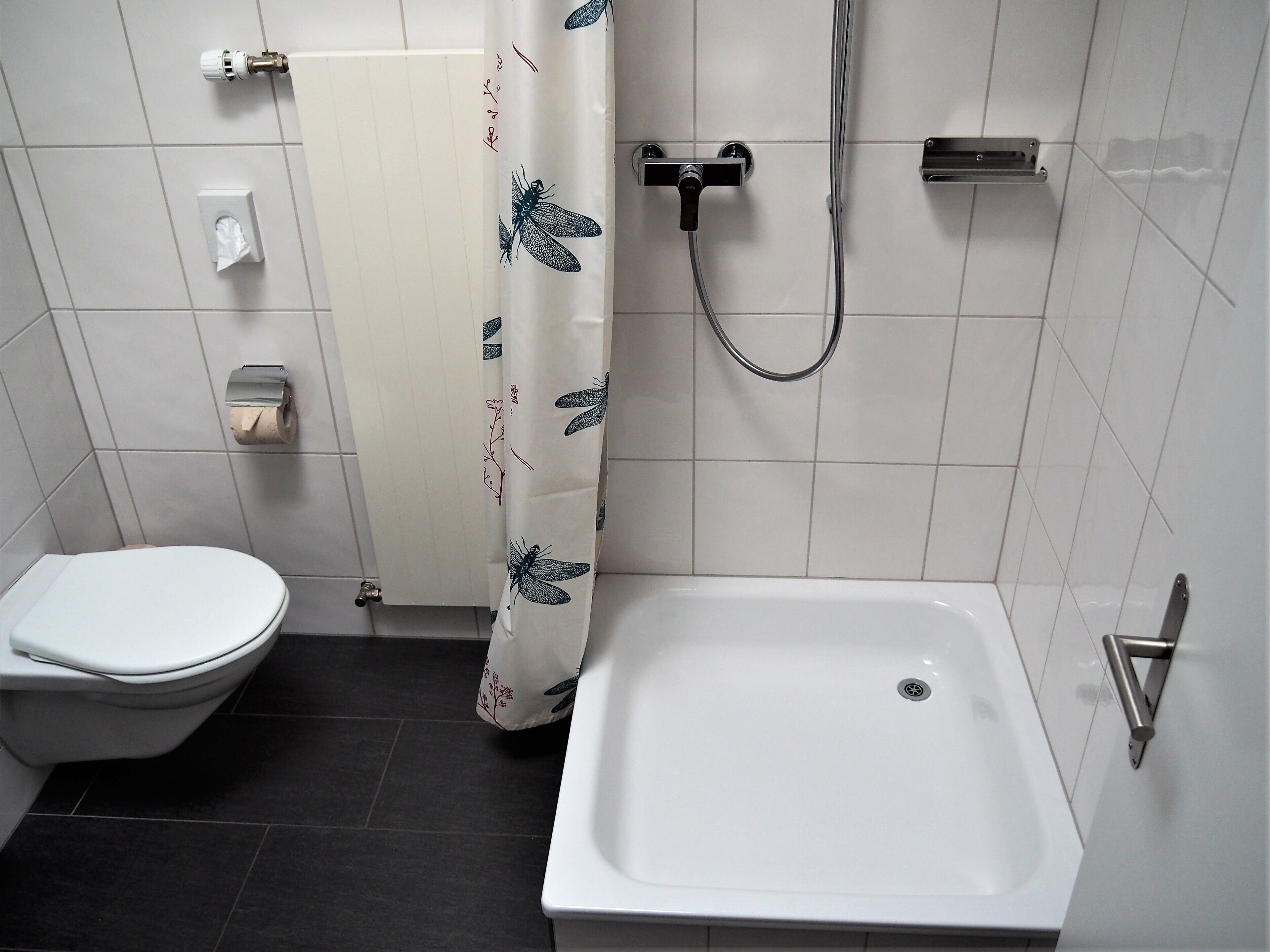 A bathroom with a toilet, a shower, and a bathtub.