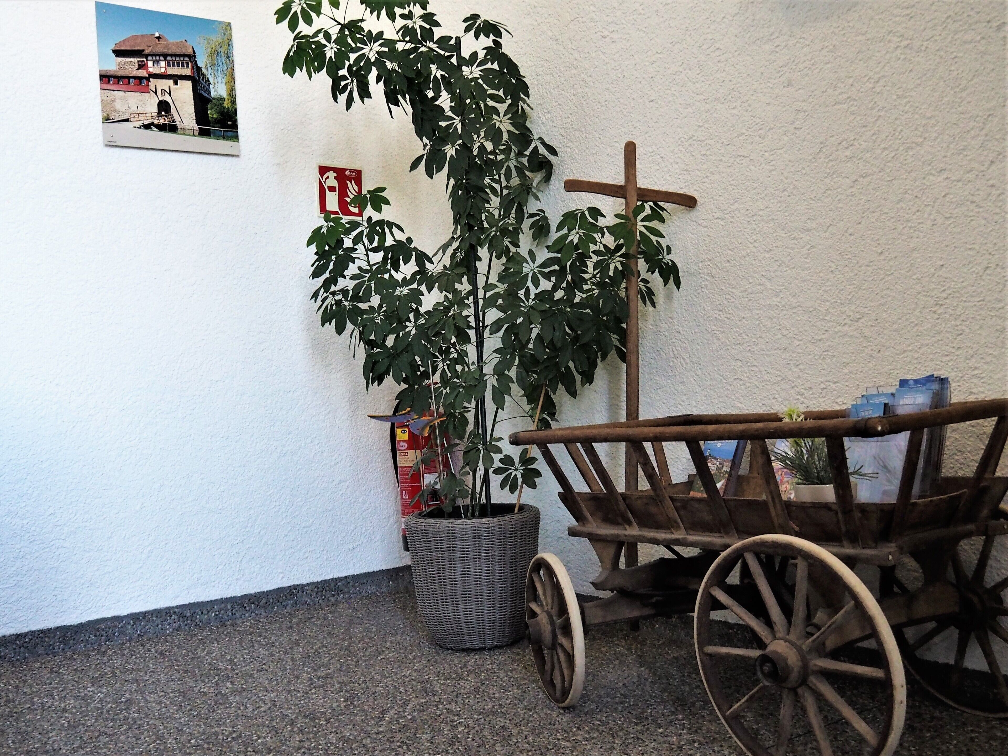 A potted plant, a wooden cross, and a vintage cart against a wall with a fire extinguisher and a framed picture.