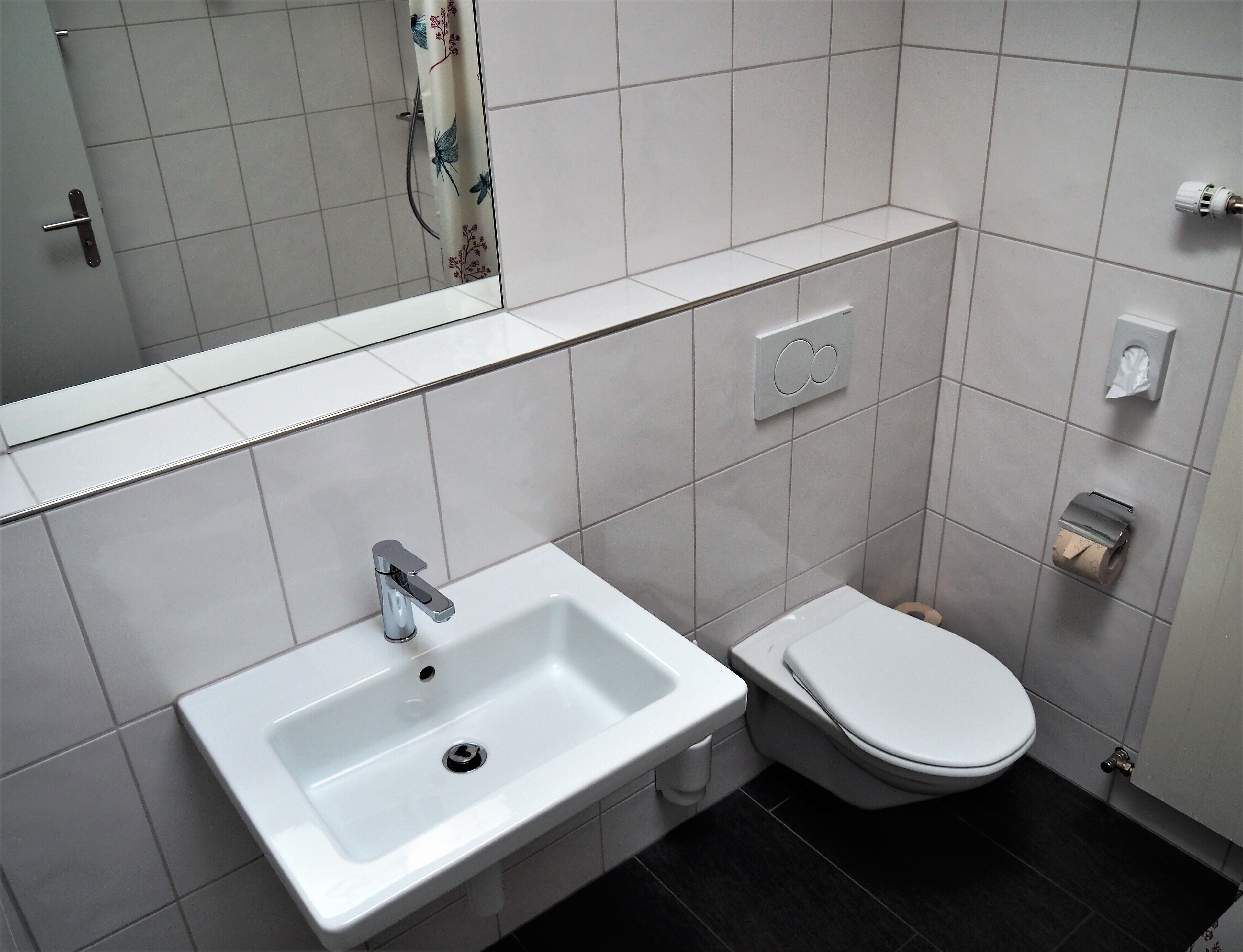 Ein Badezimmer mit einem weißen Waschbecken, einer Toilette und einem Spiegel.