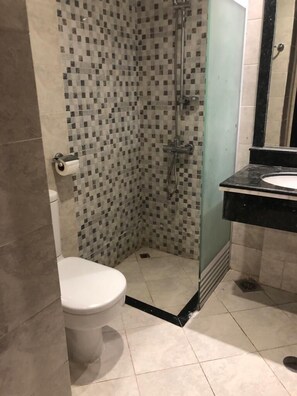 Vierpersoonskamer | Badkamer | Een douche, gratis toiletartikelen, handdoeken, shampoo