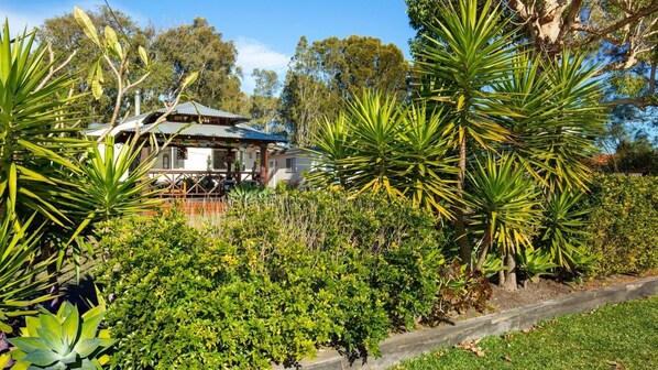 A house surrounded by lush greenery, including palm trees and various shrubs. - Pagoda @ Culburra - Pet Friendly - Newly Renovated (Culburra Beach)