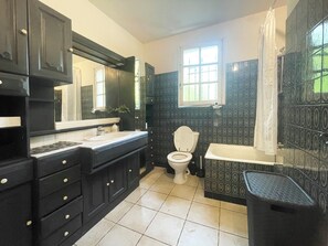 Duschwanne, Haartrockner, Handtücher, Seife