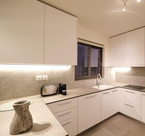 Apartment, 1 Bedroom | Private kitchen | Fridge, microwave, oven, stovetop