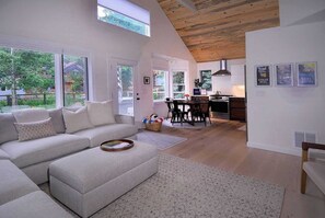 TV, fireplace, books, offices