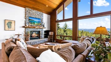 Älytelevisio, takka, DVD-soitin, kirjoja