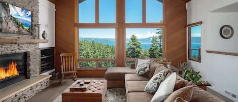 Smart TV, fireplace, DVD player, books