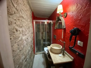 Bathroom features a glass shower enclosure, wooden vanity with a round sink, and a wall-mounted hairdryer.