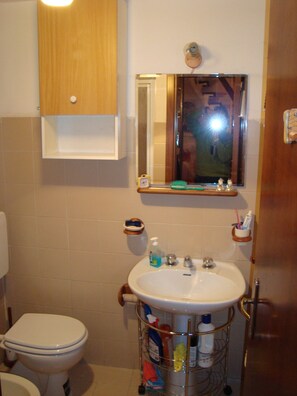 Un baño con inodoro, lavamanos y espejo.