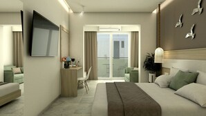 A modern hotel room with a bed, a desk, a chair, a TV, and a balcony with outdoor seating. - Artemis Comfort & Pleasure (Rhodes)