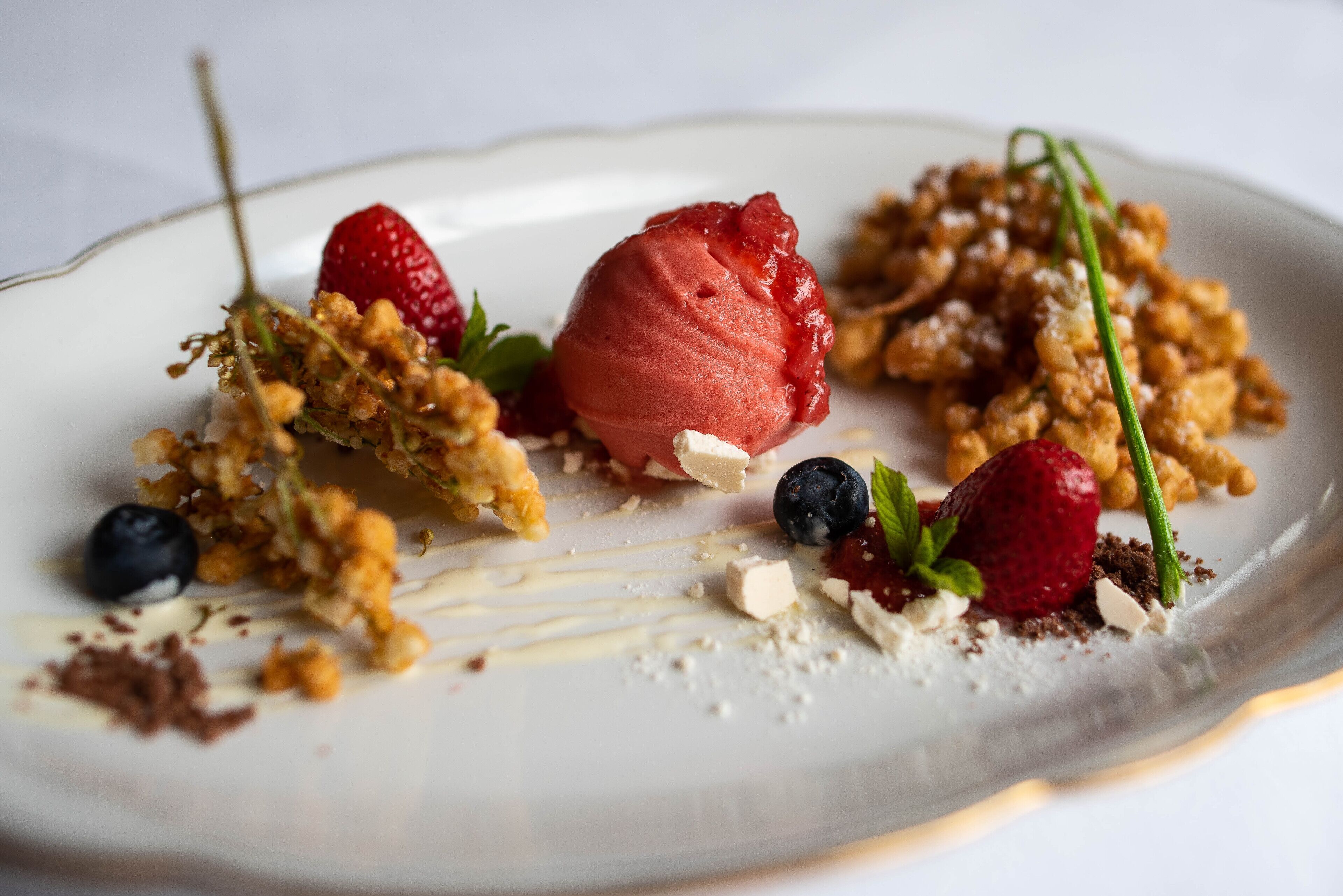 Un plato de postre con diversas frutas y una bola de helado.