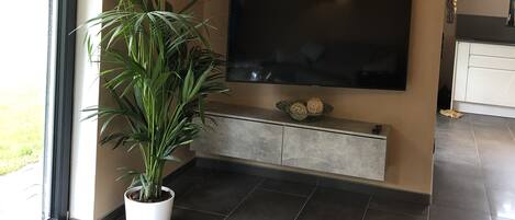 A modern living room with a large flat-screen TV mounted on the wall, a potted plant, a decorative table with a silver apple sculpture, and a unique ceiling light fixture.