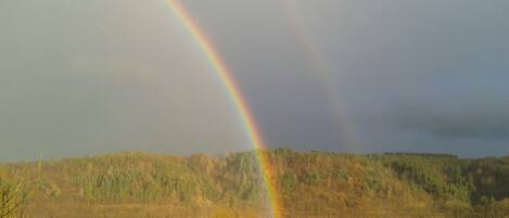 A lake with a rainbow and a forested hill in the background.