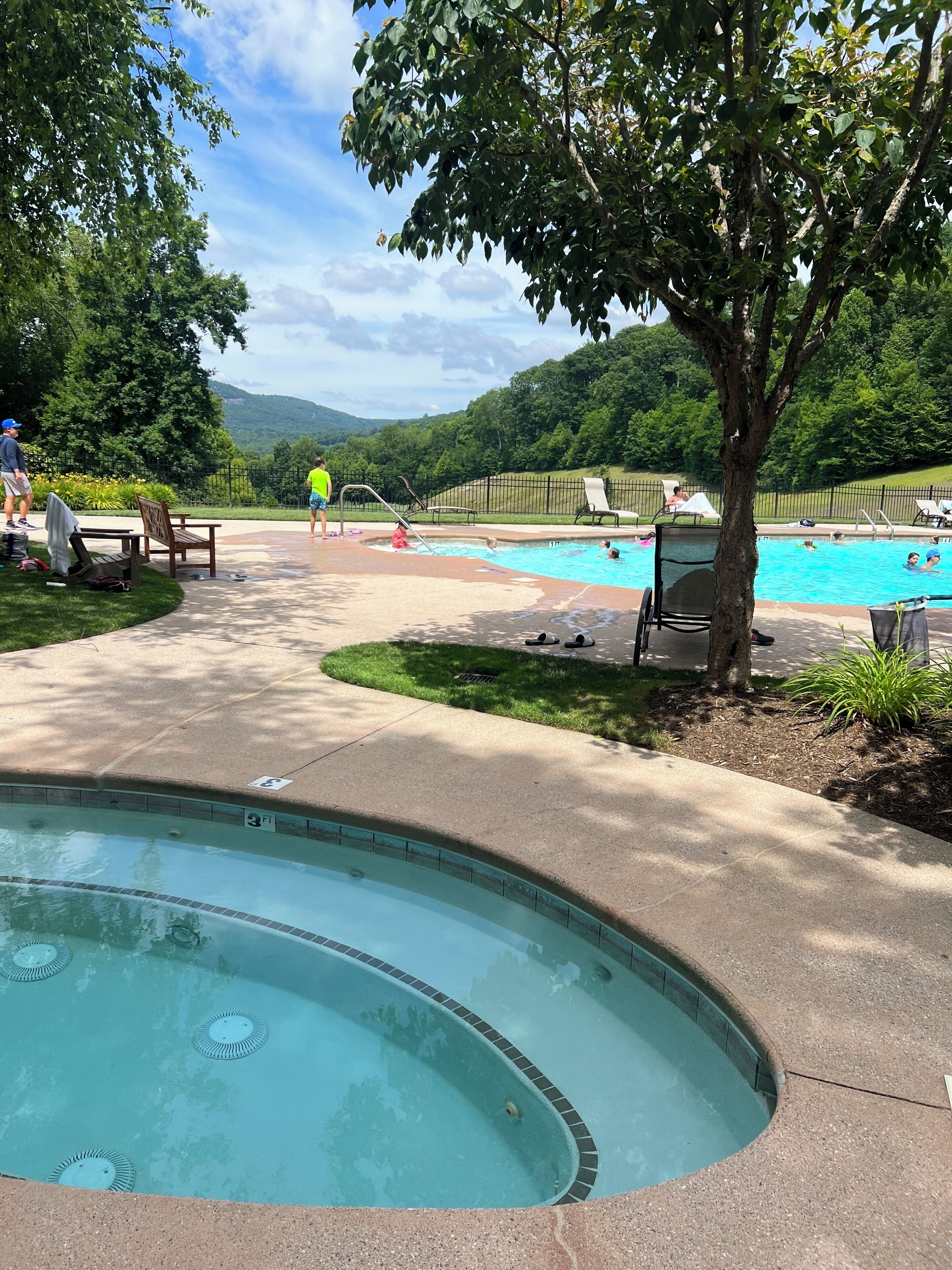 A swimming pool area with a small hot tub, lounge chairs, and a grassy deck.