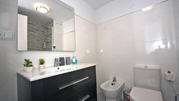 Ducha, secador de pelo, bidé y toallas