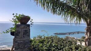 Vista costera con un pilar de piedra, vegetación exuberante y un mar azul cristalino.