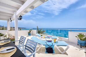 Outdoor dining -  Modern Apartment, sunny, with a unique view of the Cretan sea!!! (Heraklion)