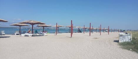 On the beach, sun-loungers, beach towels