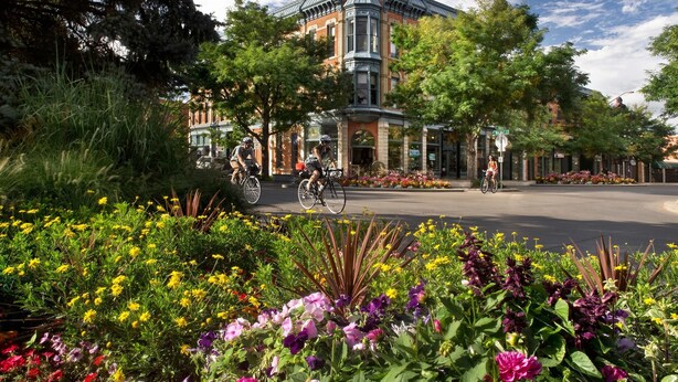 A historic building with a prominent corner turret and large windows, surrounded by lush gardens and cyclists on the street. - Cozy Retreat | Walk to UNC | FREE Cruiser Bikes (Greeley)