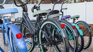 Diverses bicicletes amb pneumàtics blau verd i negre aparcades sobre un sòl de grava.
