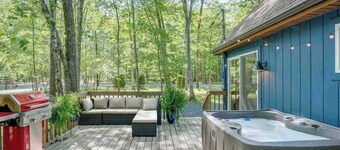 modern a-frame cabin with lake access & hot tub