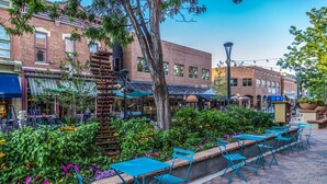 A patio area with outdoor seating, surrounded by brick buildings and greenery. - FireHouse Alley Elegant Loft-Style Retreat (Fort Collins)