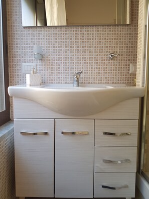 Hair dryer, towels, soap, toilet paper