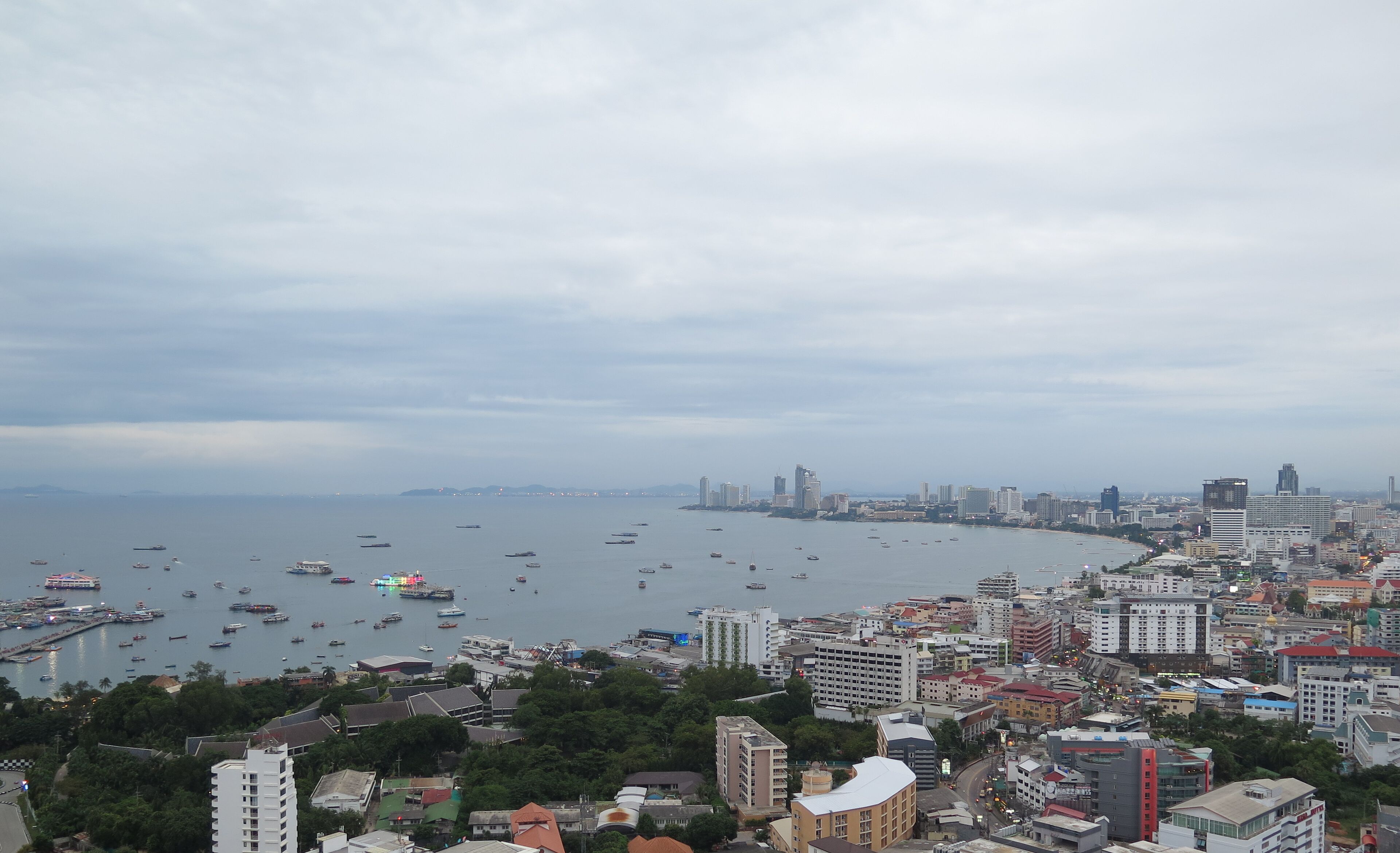 A coastal cityscape with a marina filled with boats, surrounded by dense urban buildings and greenery.