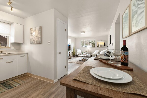 Condo, Multiple Beds (220 Peterson St. (Unit 1)) | Private kitchen | Coffee/tea maker, electric kettle, toaster, cookware/dishes/utensils