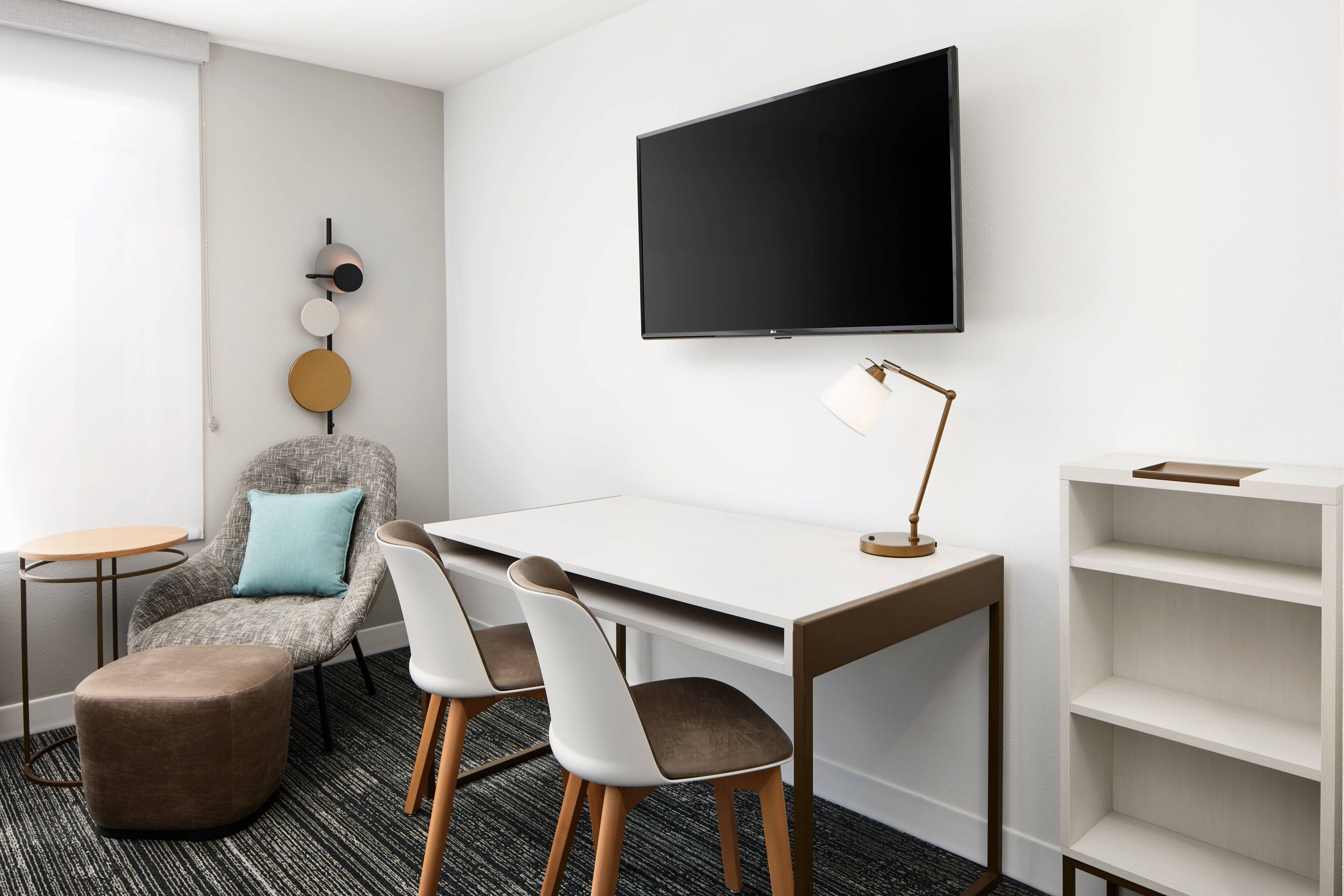 1 bedroom, desk, laptop workspace, blackout curtains