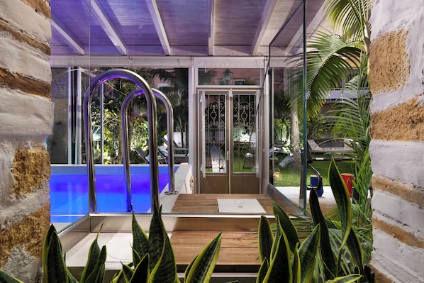 A modern interior with a pool, glass doors, and indoor plants.
