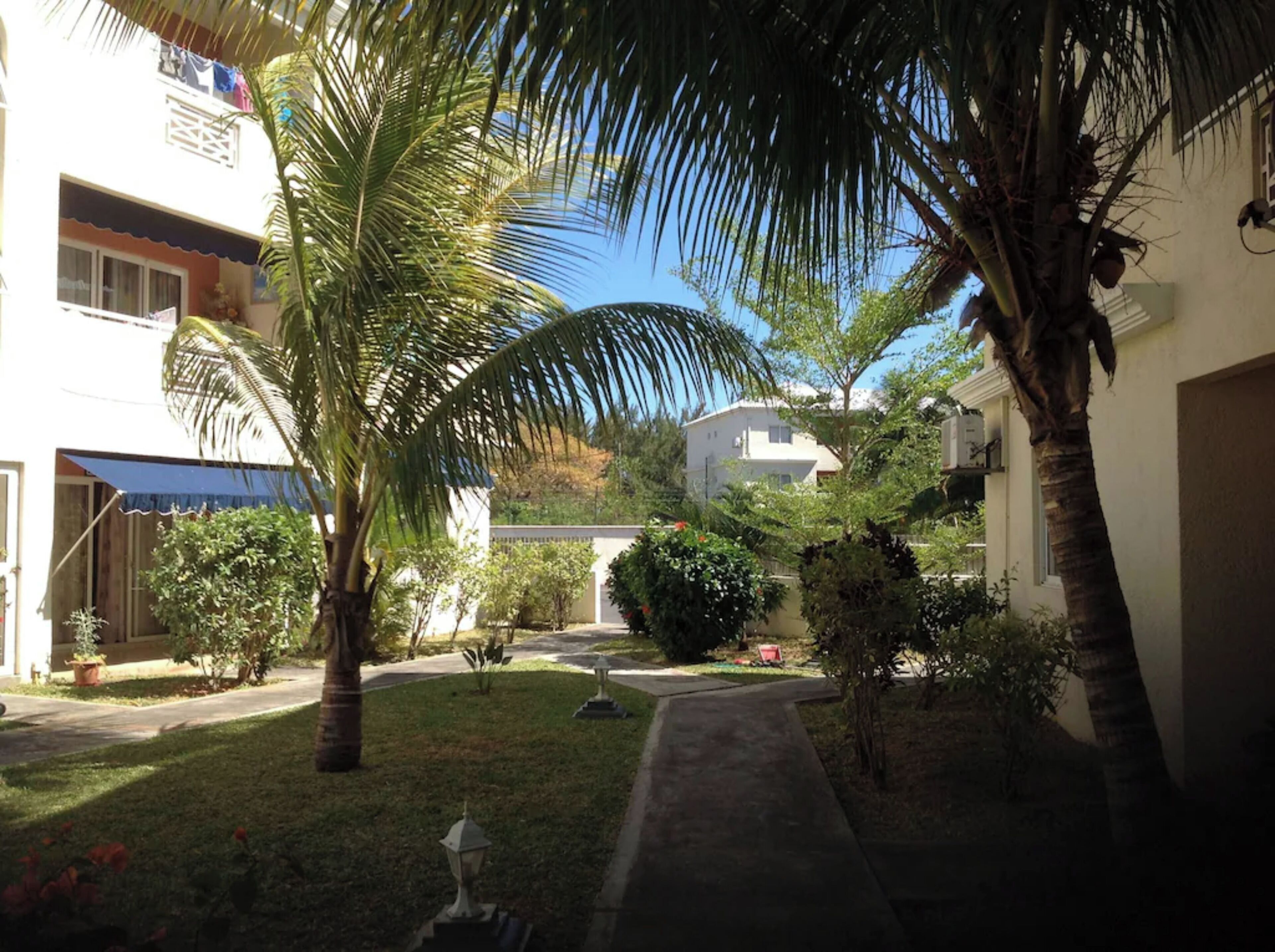 Zona residencial con un camino, palmeras y un edificio con balcón.