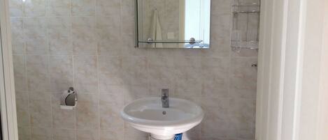 A bathroom with a sink, toilet, and a mirror above the sink.