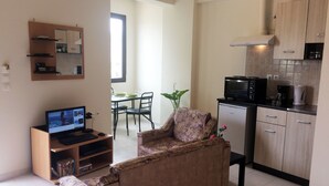 Espai vital compacte amb zona de cuina americana, menjador i zona d'estar amb sofà i cadira.