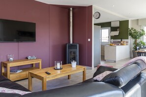 Televisie, een open haard en boeken