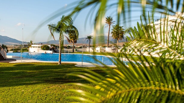 A pool area with palm trees, a clear sky, and mountains in the background. - 88 - Livingtarifa La Marea (Tarifa)